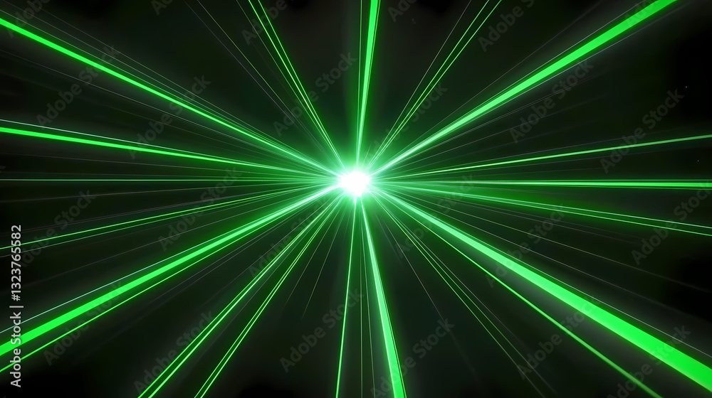 Green beam of light radiating from a dark background