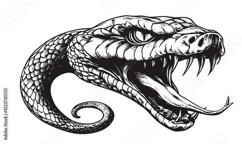Fierce snake head illustration, aggressive reptile with open mouth vector, linear icons set.