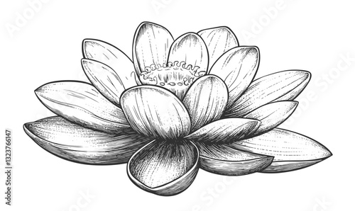 Elegant lotus flower with detailed petals in black and white, flat icons set, vector.