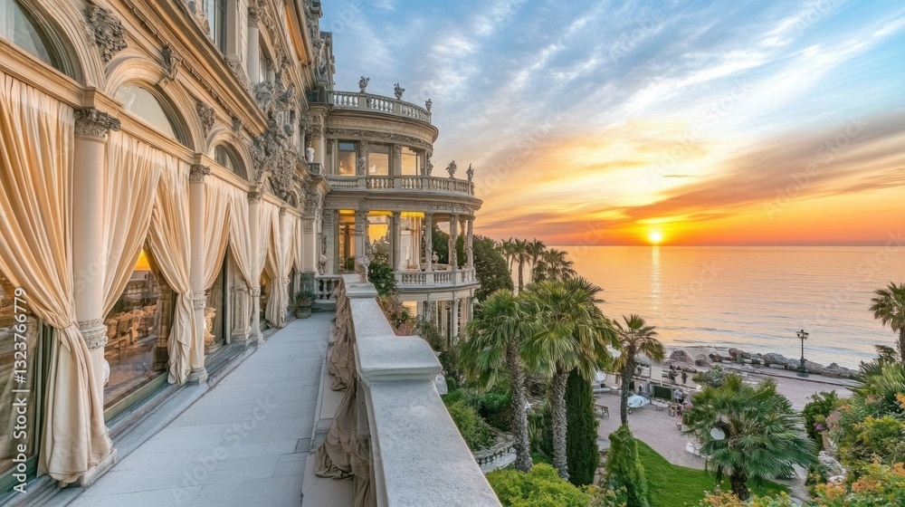 Fototapeta premium Sunrise over ocean, luxury hotel balcony.
