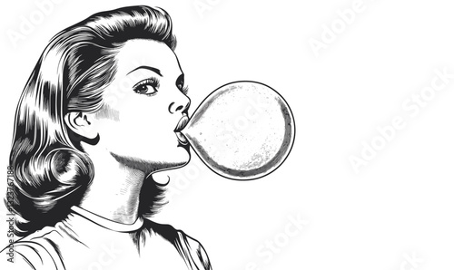 Woman chewing bubble gum, retro style, black and white flat icons set vector.