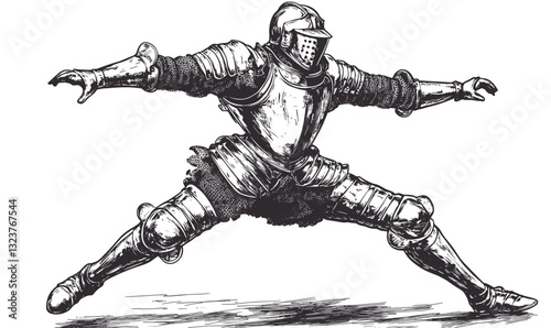Medieval knight in armor with sword posed for battle, vector, linear icons set.