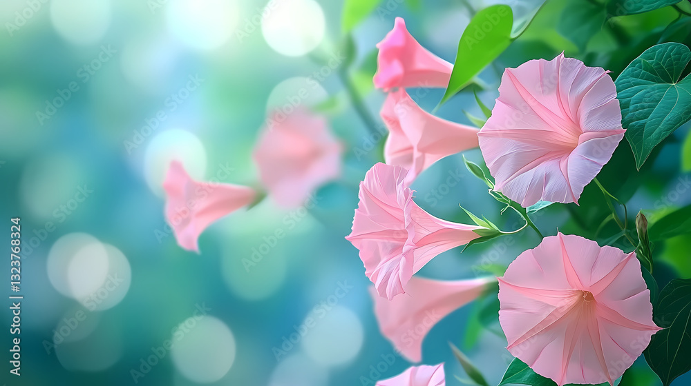 Pink morning glories with white flowers and green leaves
