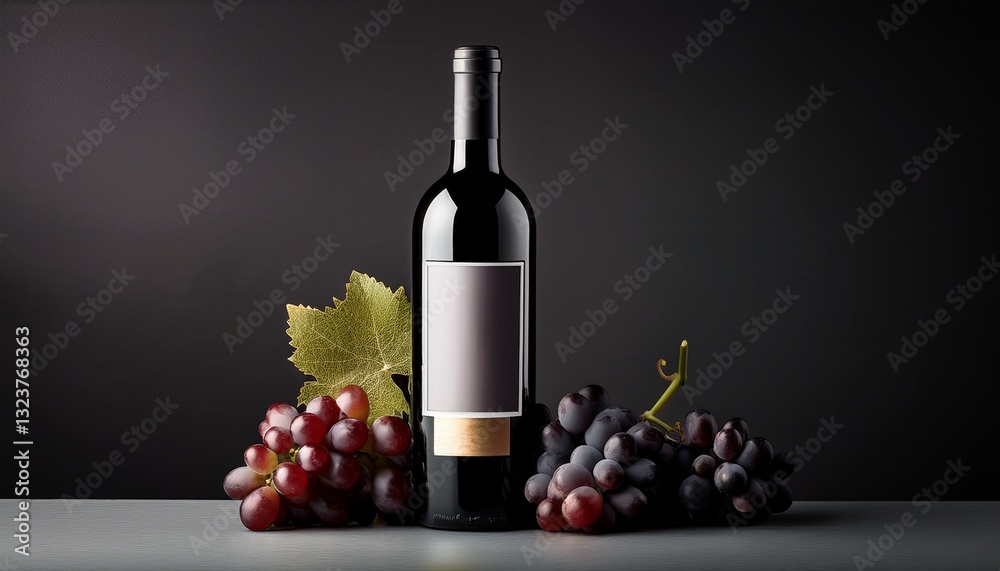 Obraz premium A wine bottle with a minimalist label, accompanied by grapes, set against a dark background that emphasizes luxury and sophistication, creating a refined and elegant aesthetic