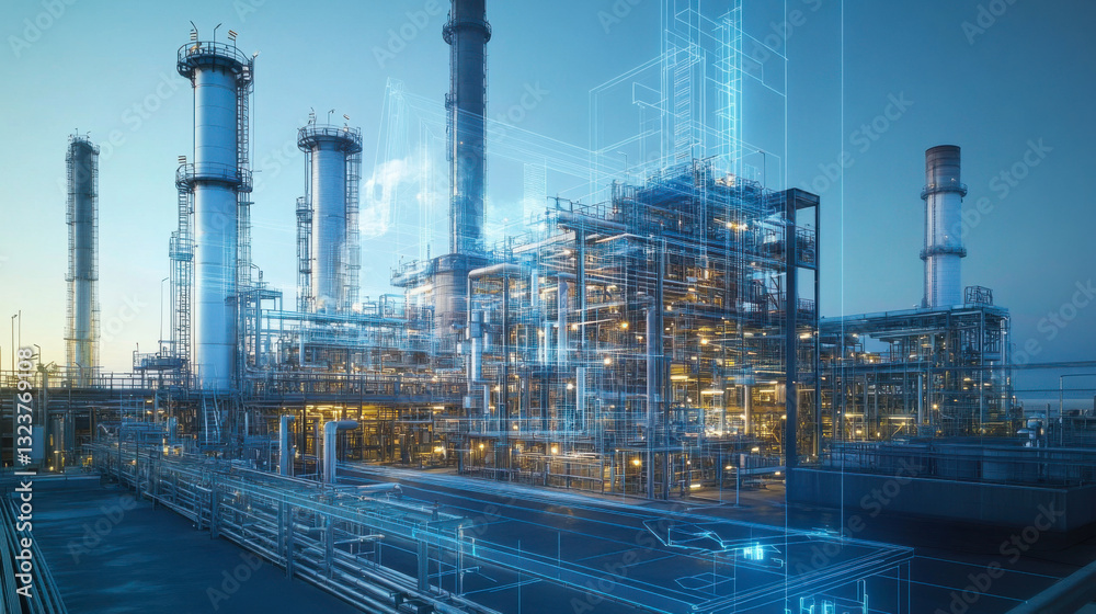Obraz premium Industrial facility showcasing advanced technology and infrastructure during dawn