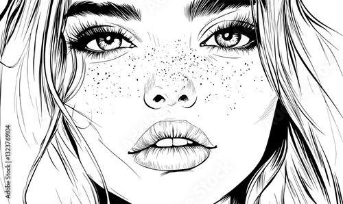 Detailed line art portrait of a woman's face with freckles - linear vector icons set.