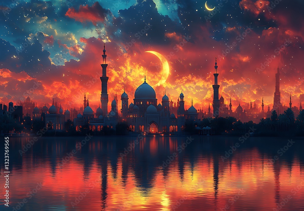 Fototapeta premium Stunning Sunset Over a Mosque with Minarets Reflecting Orange and Blue Hues on a Calm Lake Beneath a Crescent Moon