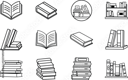 Book Icons Stacks, Shelves, Open, Closed, Reading, Library, Education