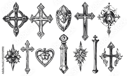 Intricate cross designs icons set in linear style - vector.