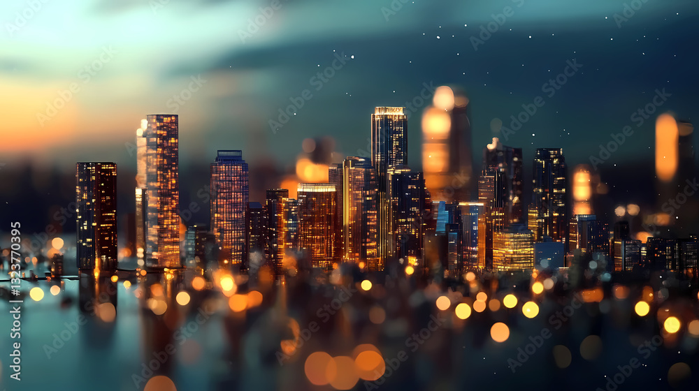 Vibrant city skyline illuminated with warm tones