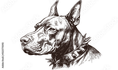 Detailed dog portrait in linear style, spiked collar icons set, vector.