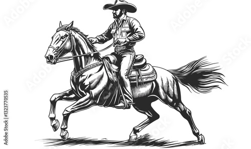 Cowboy riding horse in motion, equestrian skills display, black and white, linear icons set, vector.