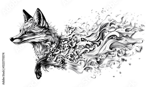 Flowing artistic fox with swirling elements, black and white vector, linear style.