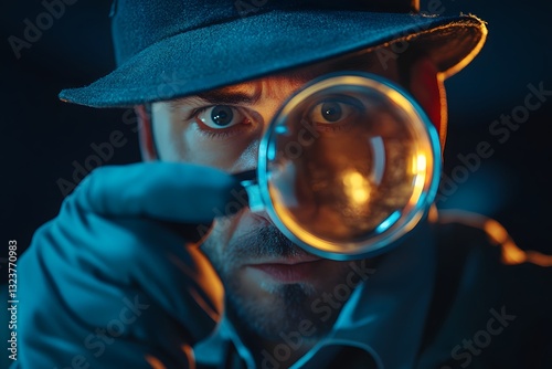 a man wearing a hat examining something with a magnifying glass.