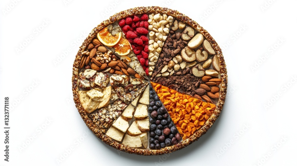 Healthy food pie chart isolated on white background. Food sources of carbohydrates, proteins and fats in proper proportions for diet, healthy eating and nutrition planning. Top view Healthy food pie chart isolated on white background. Food sources of carbohydrates, proteins and fats in proper proportions for diet, healthy eating and nutrition planning. Top view