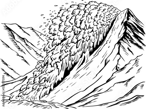 Avalanche erupts in mountain range illustrative artwork wilderness sketch perspective nature's fury