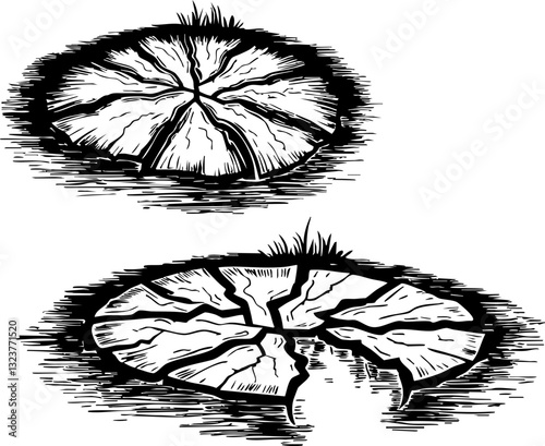 Nature's broken beauty cracked lily pads in a serene pond illustration tranquil environment artistic perspective concept of decay
