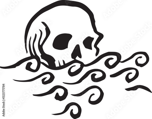 Skull waves sea drowning vector illustration