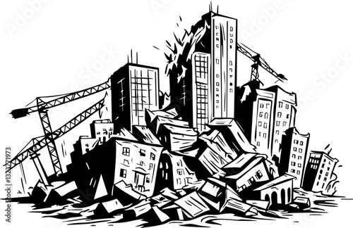Destruction event of urban buildings cityscape graphic illustration post-apocalyptic aerial view urban decay concept