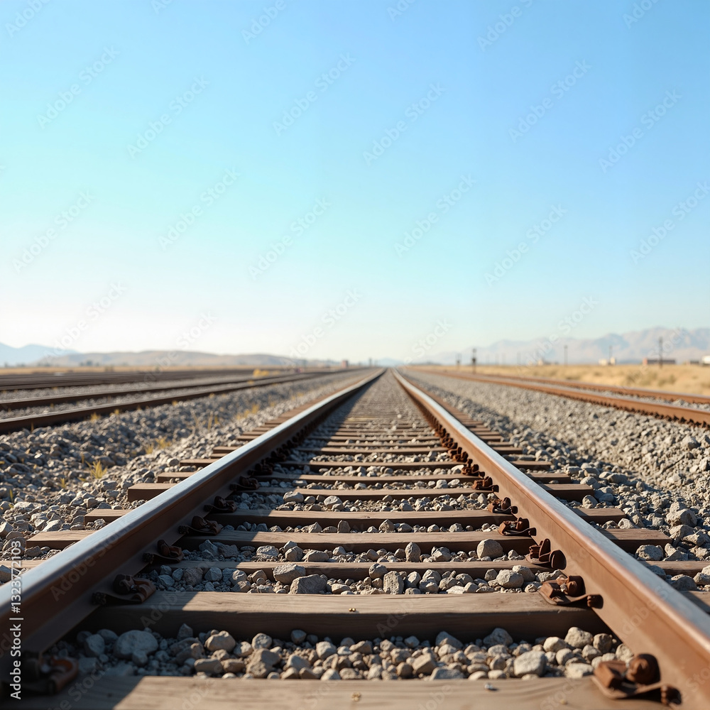 Fototapeta premium Straight Railway Tracks Surrounded by Gravel and Sleepers Under Blue Sky