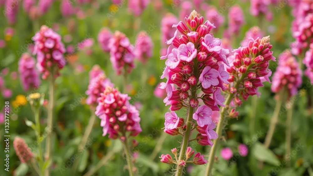 blooming pink flowers on thorny spiked veronica plants, floral field, blossom blooming pink flowers on thorny spiked veronica plants, floral field, blossom