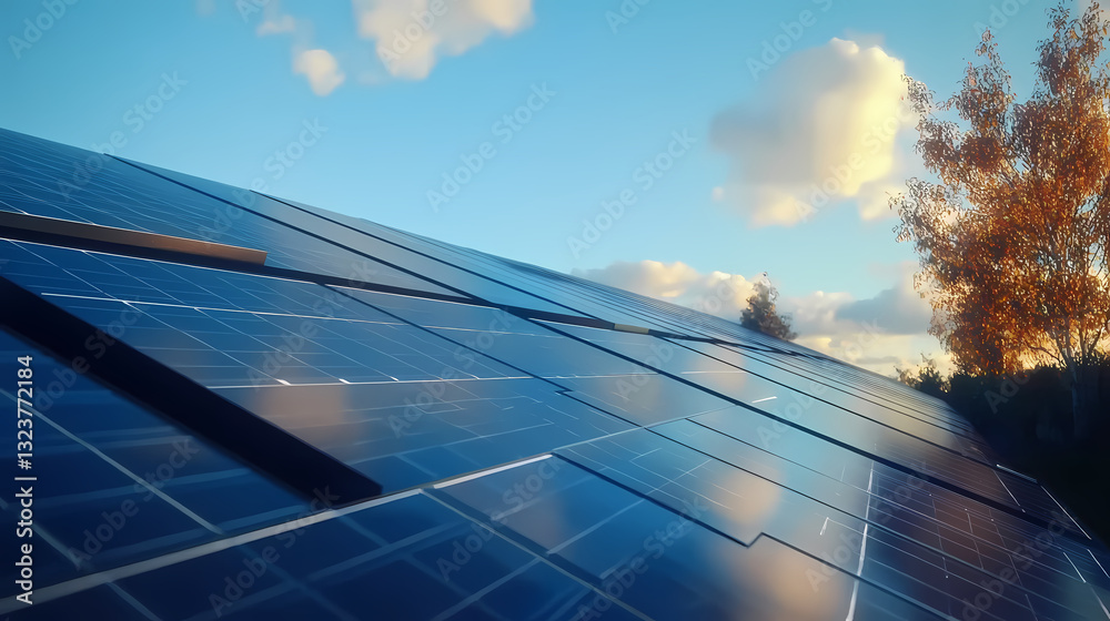 Solar panels under the sun with a clear blue sky