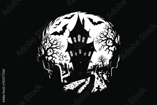 Haunted Skull and Mansion  Spooky Gothic Horror Art vector