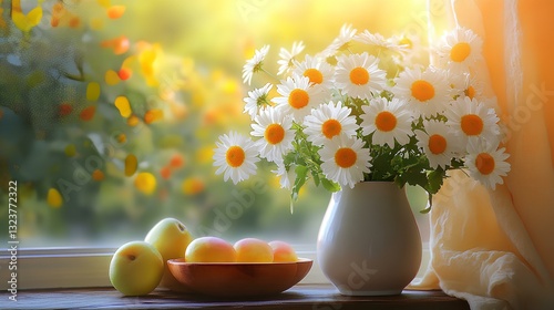 Bright sunny summer image, bouquet of daisies in a vase, and a bowl of fruit