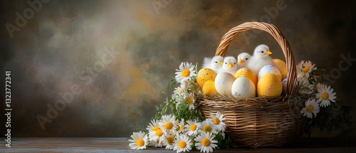 cheerful Easter centerpiece featuring a basket filled with painted eggs, fluffy chicks, and daisies, placed on a wooden table.  