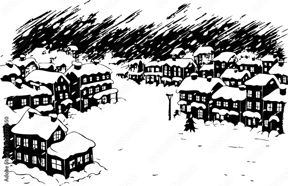 Obraz premium Snowy village scene winter wonderland illustration serene environment aerial view cozy atmosphere for seasonal cheer