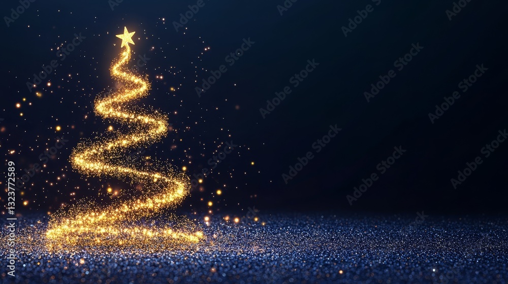 Obraz premium Golden glowing abstract Christmas tree made of swirling lights, symbolizing holiday spirit, festive season, and magical winter celebrations.