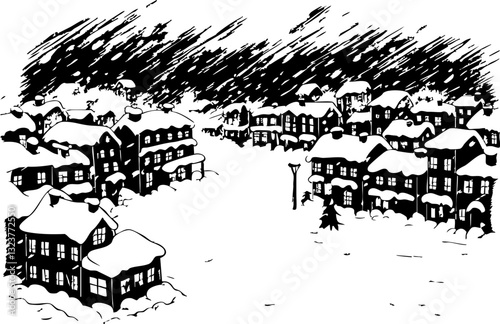 Snowy village scene winter wonderland illustration serene environment aerial view cozy atmosphere for seasonal cheer