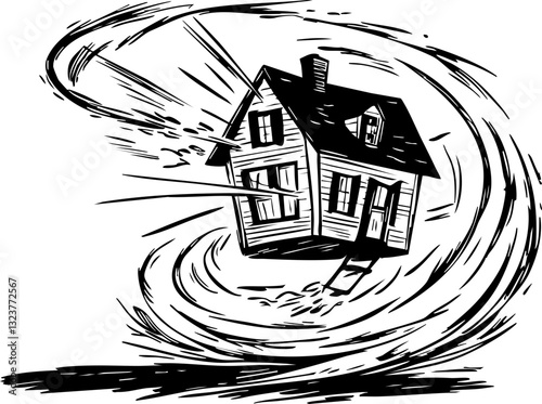 Tornado destroys house rural area illustration dramatic weather ground level natural disaster