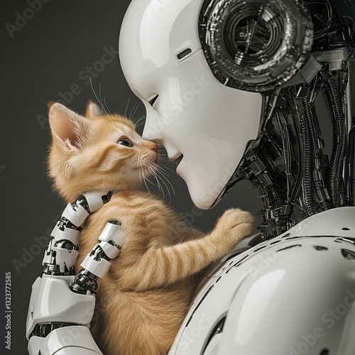 A humanoid robot gently holds a ginger kitten in its arms