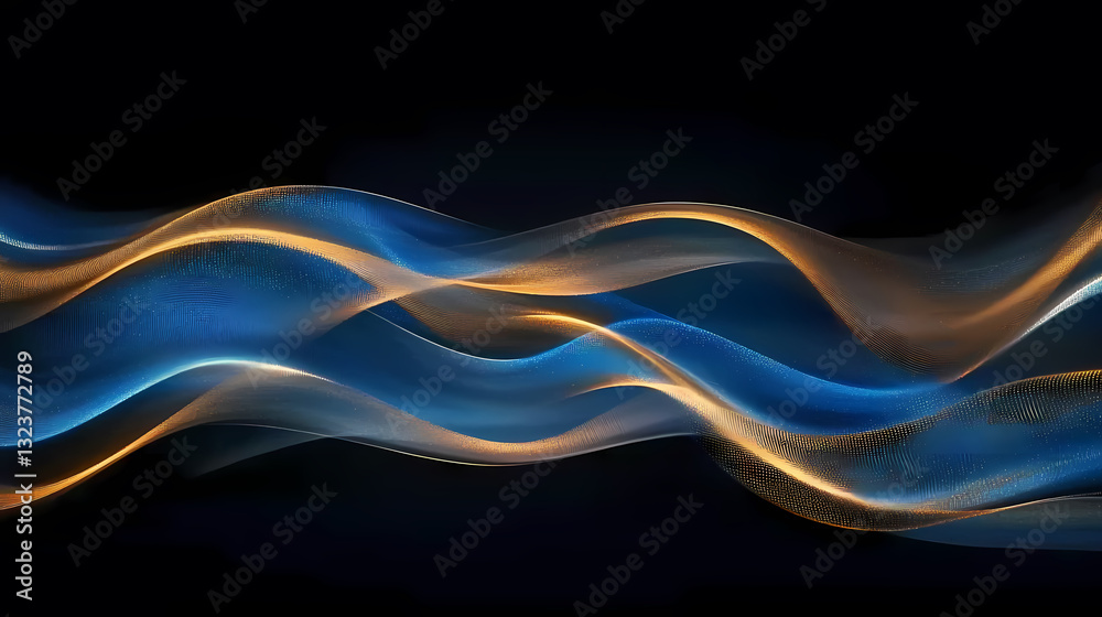 Blue and gold flowing wave pattern in abstract form