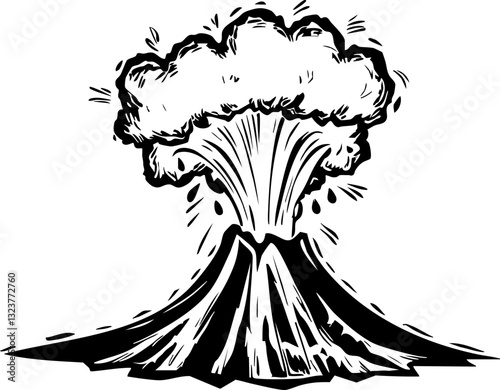 Volcanic eruption explodes in nature's fury spectacular landscape black and white illustration dramatic scene