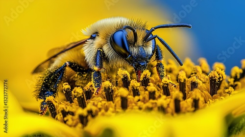 A bee resting on a sunflower, glistening with pollen, surrounded by a vibrant summer field