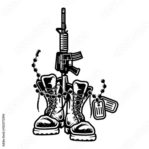 Military Boots | Military Equipment | Veterans | US Soldier | Military Gear | Boots & Firearm | Military Tags | US Army | Original Illustration | Vector and Clipart | Cutfile and Stencil