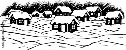 Winter wonderland snow-covered houses in a quiet village illustration serene atmosphere artistic viewpoint