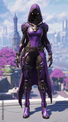 Purple-clad female warrior, fantasy city backdrop, game character render, promotional use