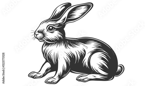 Detailed rabbit illustration with textured fur, black and white animal vector, linear style icons set.