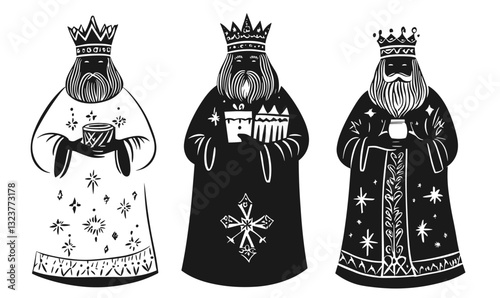 Three wise men icons set, flat vector style: kings holding gifts, christmas symbols.