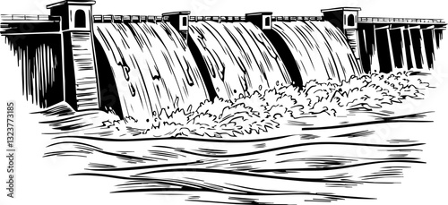 Hydroelectric dam water flow action riverbank illustration engineering environment aerial view renewable energy concept