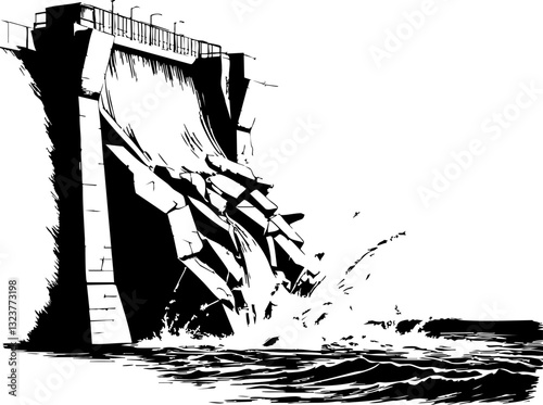 Dam water release action riverbank black and white illustration industrial site close-up view engineering design