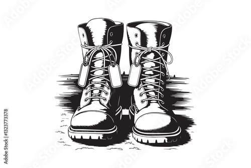 Military Boots with Dog Tags Tribute to Soldiers and Veterans vector