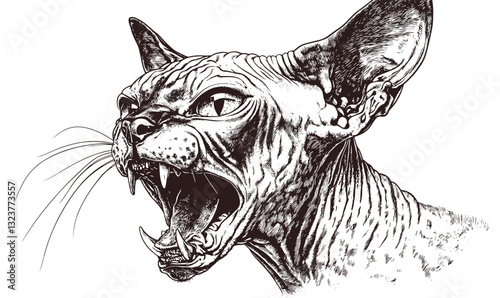 Sphynx cat illustrations in roaring style - high detail animal portrait - linear vector icon set.