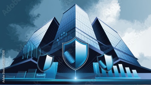 Commercial property insurance rates​ concepts. Futuristic building design with geometric shapes and a blue color palette.