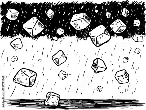 Hailstorm hits urban landscape dramatic weather event black and white illustration artistic viewpoint nature's fury
