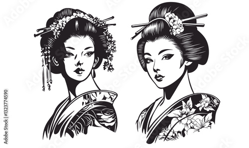 Traditional japanese geisha portraits vector - flat icons set.
