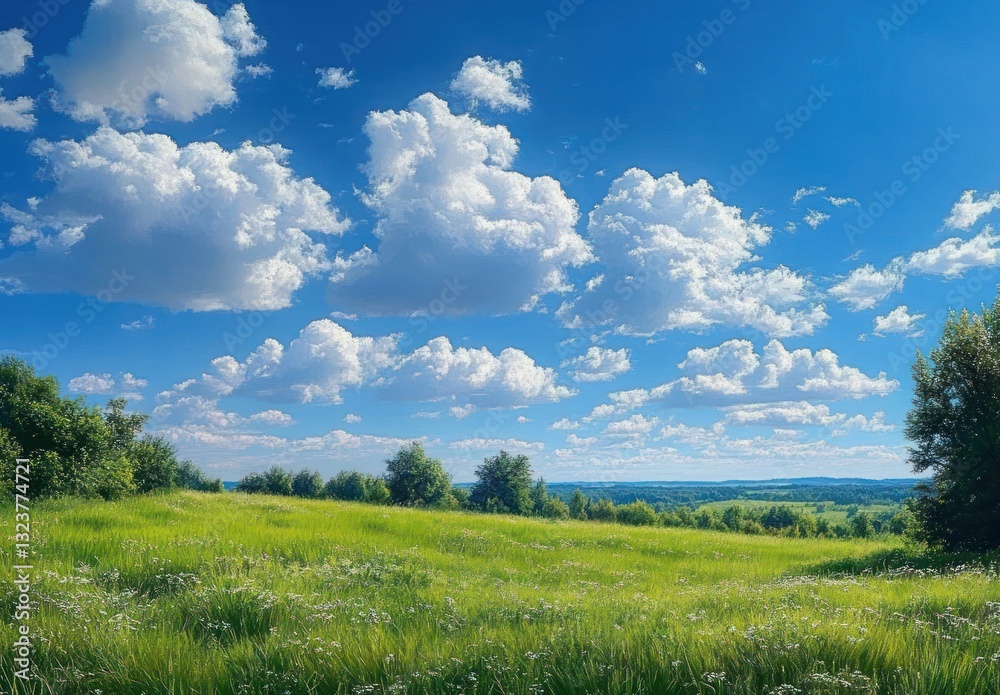 Meadow Landscape with Road Under Blue Sky and Fluffy Clouds in Summer Countryside Meadow Landscape with Road Under Blue Sky and Fluffy Clouds in Summer Countryside
